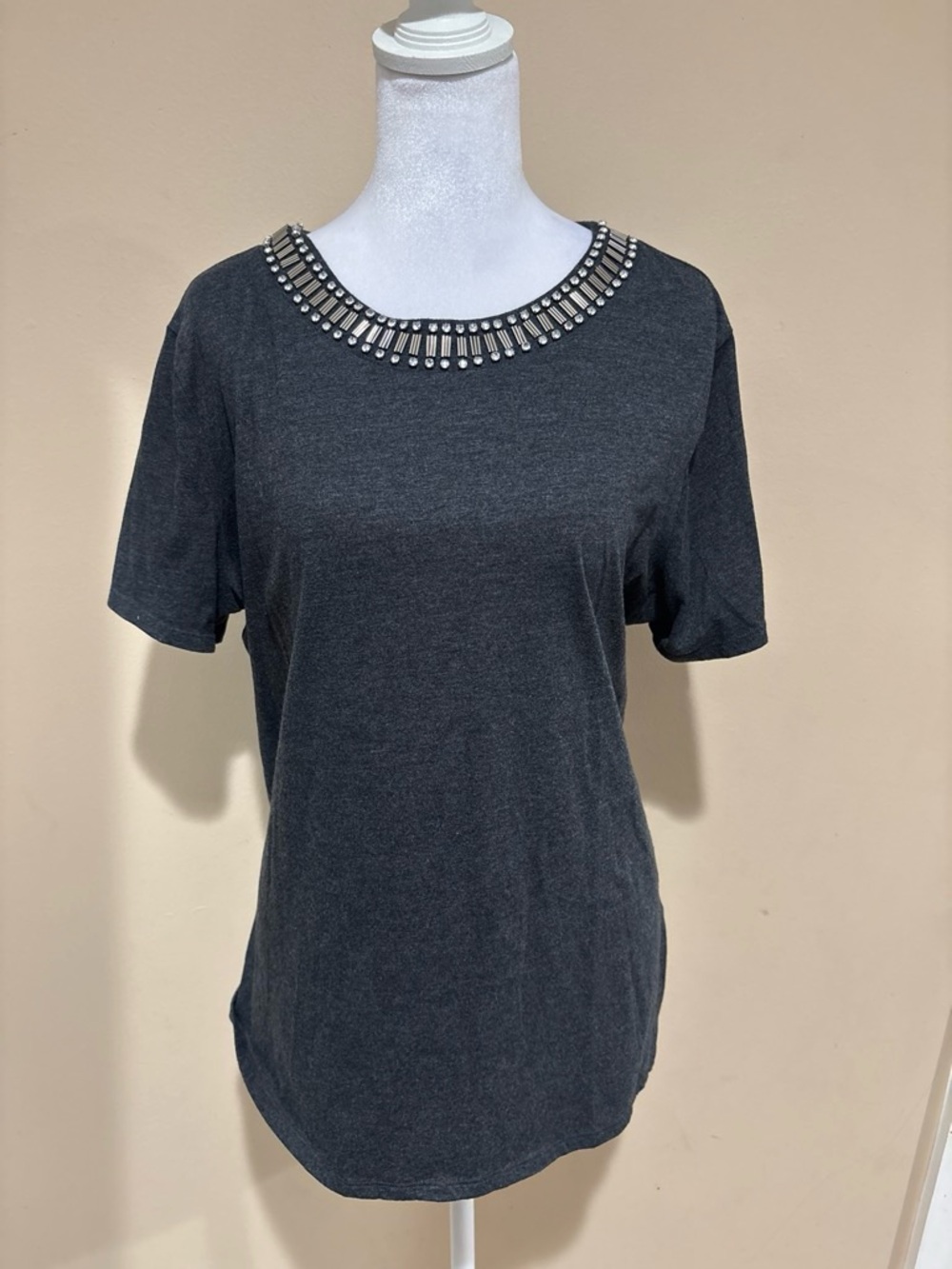 Simply Vera Vera Wang Charcoal Short Sleeve Tee with Jeweled Crewneck